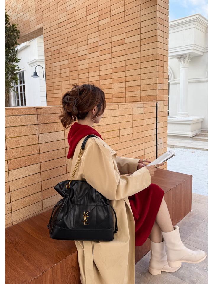 YSL DIY Lucky Bag Fashion Soft Leather Underarm Tote & Drawstring Bucket Bag