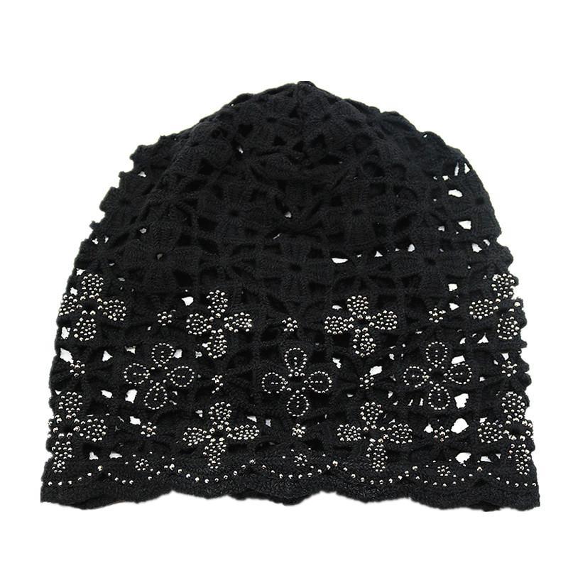 Women's Spring Summer Single Layer Thin Hollow Flower Rhinestone Headscarf Hat Breathable Lace Crochet Cap for Covering White Hair Slouchy Hat