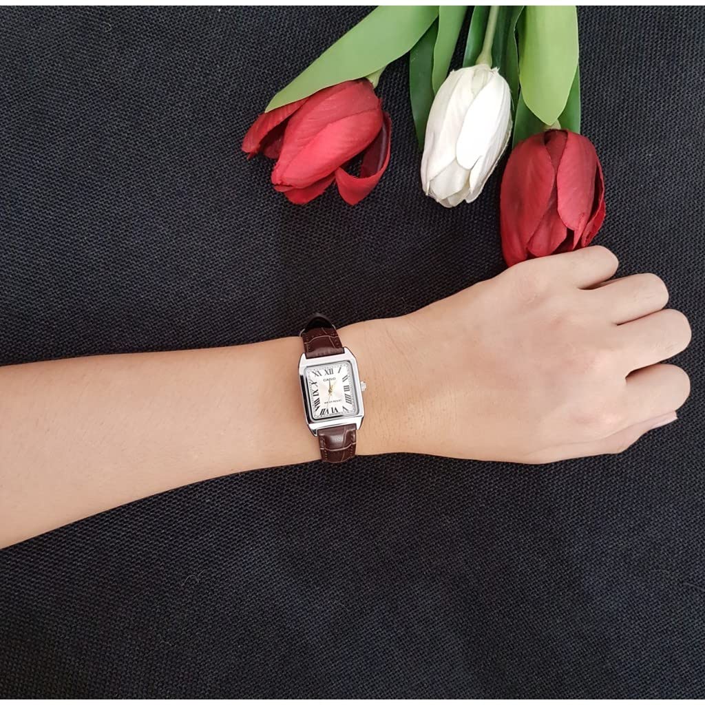 Casio LTP-V007L-9B Women's Rectangular Leather Strap Roman Gold Dial Dress Watch, Gold, Quartz Movement.