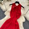 Summer V-neck Off Shoulder Strapless Mesh Midi-length Dresses Womens Sexy Halter Backless Buttons Deco Slim Beach Vacation Dress