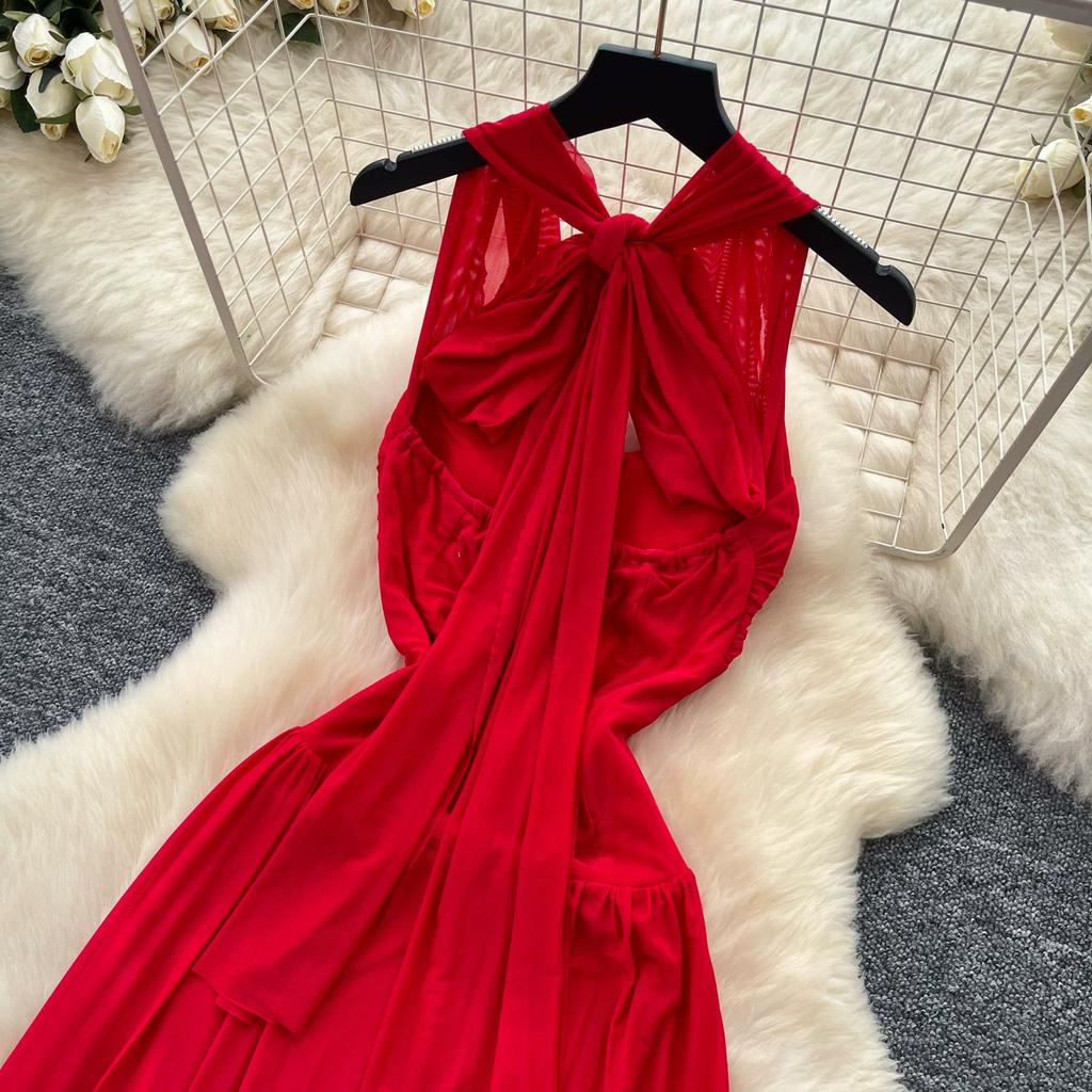 Summer V-neck Off Shoulder Strapless Mesh Midi-length Dresses Womens Sexy Halter Backless Buttons Deco Slim Beach Vacation Dress