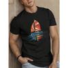 European Size Sailboat With Vibrant Sails Inspired Design Printed Men's Stretch T-shirts, Casual Comfortable Short Sleeved Crew Neck Summer Tops