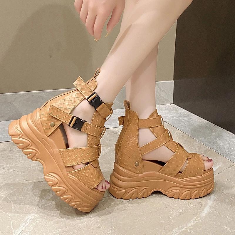 10CM Women Thick Bottom Gladiator Shoes Woman Summer Chunky Sneakers High Platform Sandals Hollow Out Wedge Heels Beach Boots
