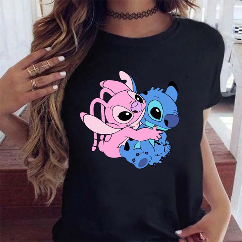 New Fashion FeUnisex Clothing Cartoon Disney Stitch Womens Tshirt Summer Short Sleeve Black Tops