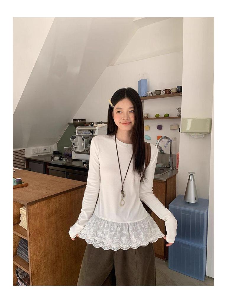 Korean Lace Thermal Slim-Fit Women's Long-Sleeve T-shirt, Autumn/Winter 2025 Style