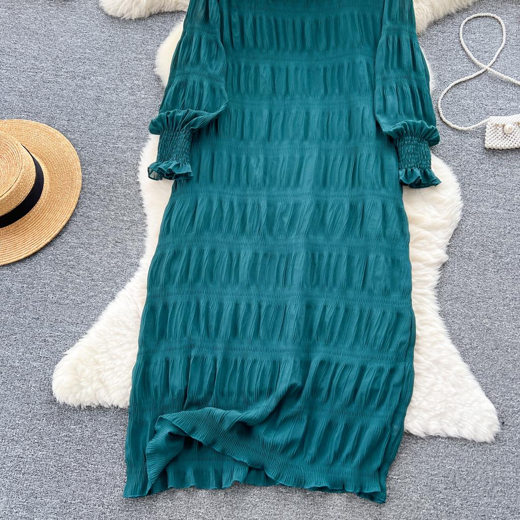 Podzimní Vintage Dámské Řasené Volné Midi Šaty Elegantní Kulatý Výstřih Bufované Dlouhé Rukávy Župan Ležérní Šaty Nové