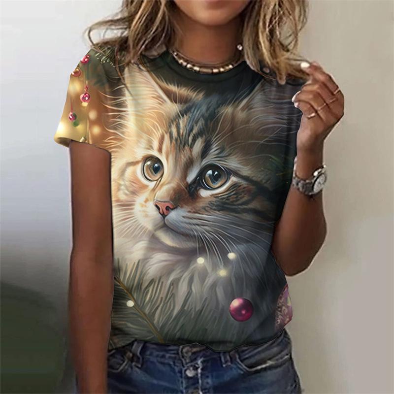 Cat pattern women's T-shirt animal 3D printing T-shirt summer casual round neck short sleeved T-shirt top Harajuku women's clothing