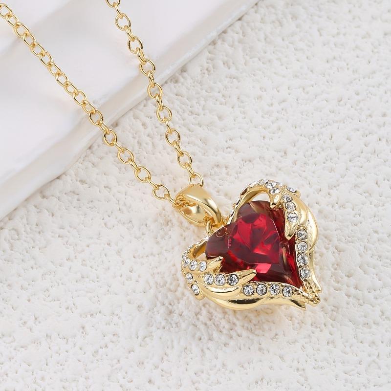 Exquisite Luxurious Red Zircon Heart Pendant Necklace Women's Angel Wings Fashion Creative Wedding Party High Quality Gifts