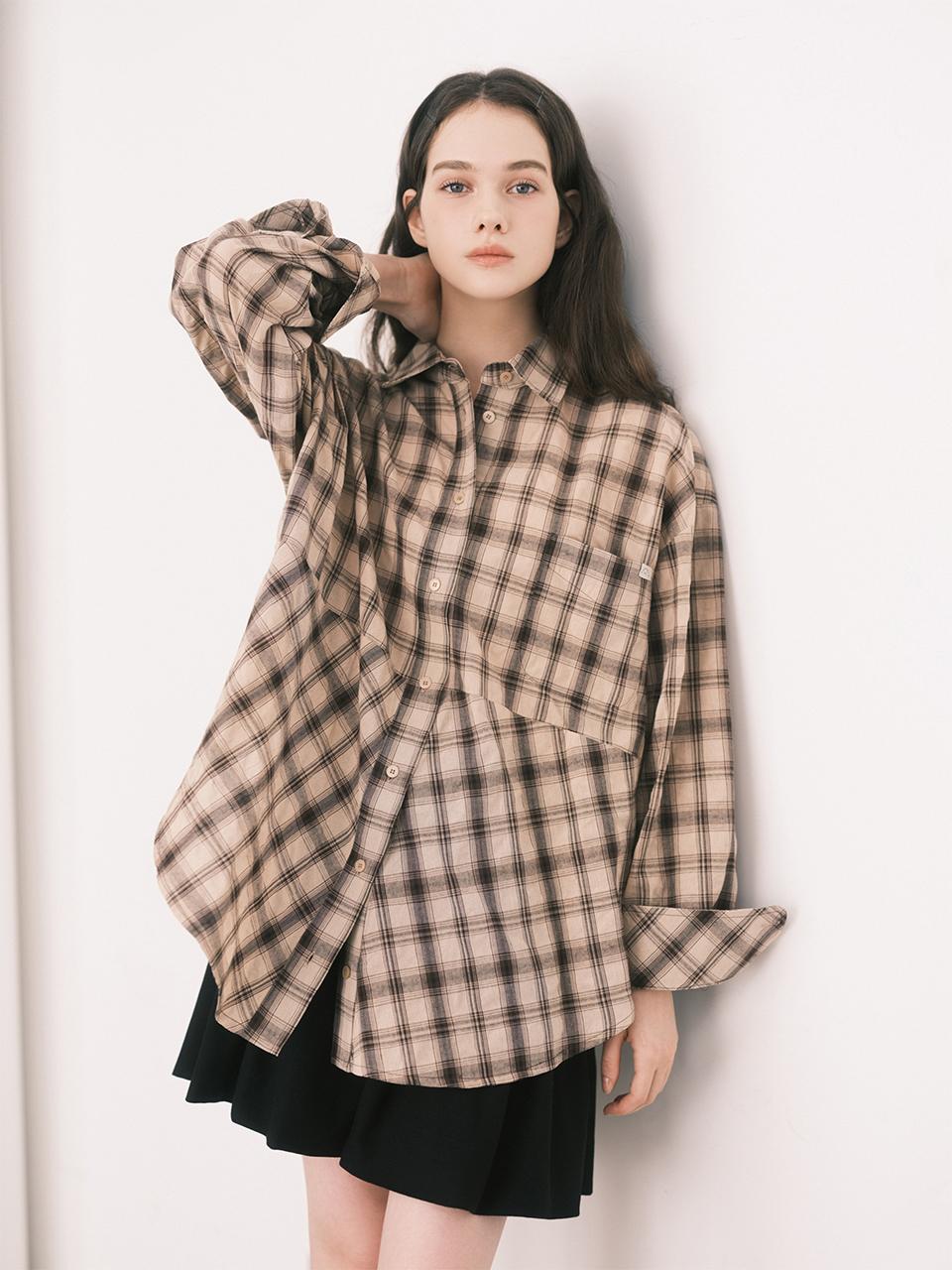 Non Search Asymmetrical Madras Check Shirt/Beige Color/Free