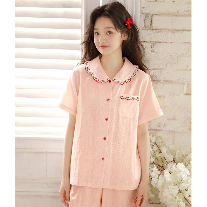 Summer pajamas women's pure cotton cotton yarn sweet high-tech embroidered women's doll collar can be worn outside short-sleeved trousers set 19