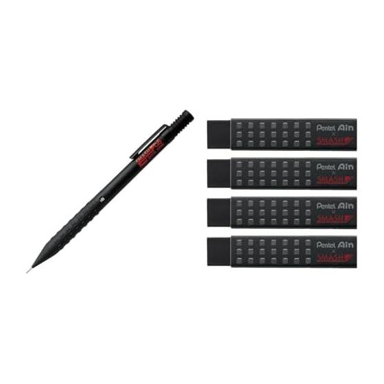 Pentel Smash Mechanical Pencil, 0.5mm, Black, Packaged (XQ1005-1N) with Smash Erasers, Black, 4 Count (AMZ-ZETH17SMN4)
