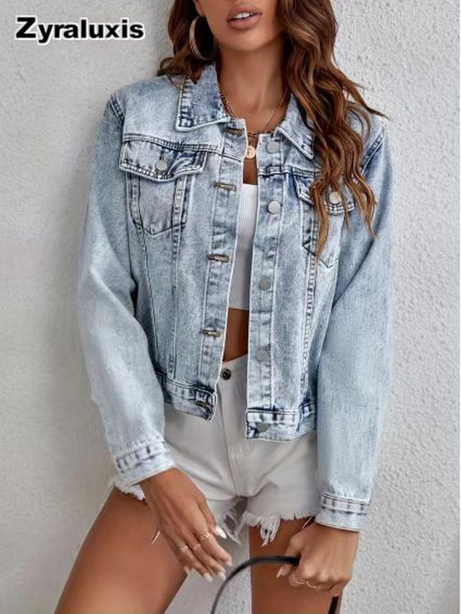 Frühling/Herbst Neuer Stil Damen Jeansjacke Lässig Slim Fit Gewaschen Langarmmantel Oberteil XL hellblaue