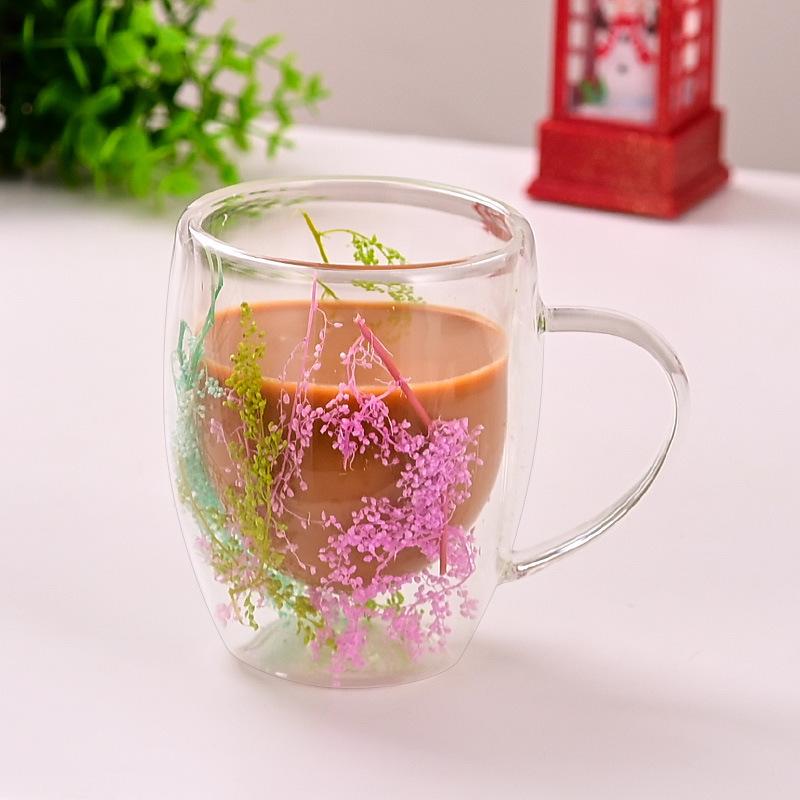 Dried Flower High Borosilicate Double Wall Glass Mug Heat Resistant Coffee Cup
