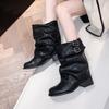 Retro Block Heel Western Booties Women Spring Summer New Square Toe Foot Metal Buckle Pleated Mid Cylinder Stack Boots