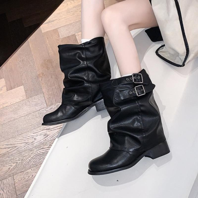 Retro Block Heel Western Booties Women Spring Summer New Square Toe Foot Metal Buckle Pleated Mid Cylinder Stack Boots