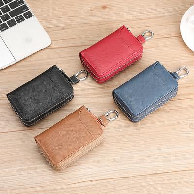 Yeni araba anahtarlık çantası erkek ve kadın deri çok fonksiyonlu geniş kapasiteli çift fermuarlı kapı dana derisi anahtarlık bozuk para çantası