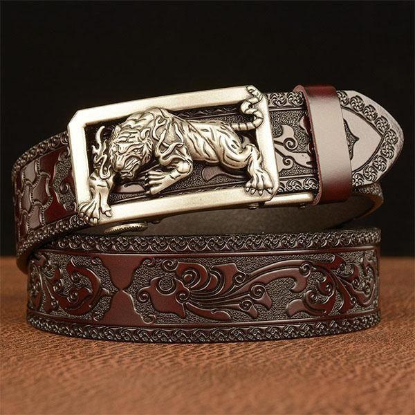 Fashion Men's Belt Leather Belt Men's Carved Floral Tiger Pattern Gold Self Buckle Belt for Jeans