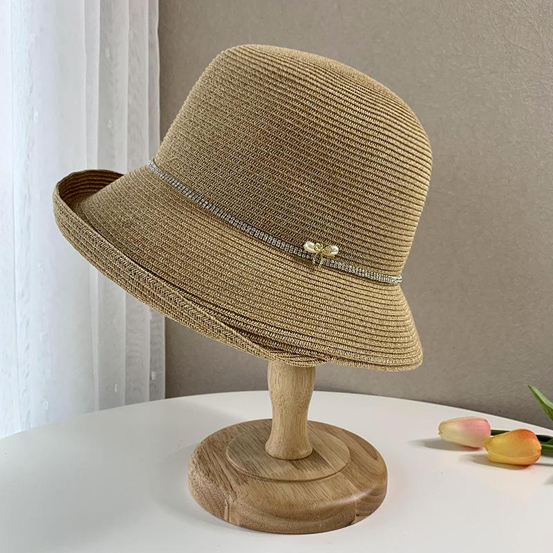 Elegant diamond-encrusted straw weaving sunscreen hat for women's summer travel foldable crimped straw hat casual sunshade cool hat tide