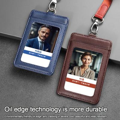 High Quality Genuine Leather Work Card Holder With Neck Lanyard Solid Color ID Card Cover Id Name Tag Business