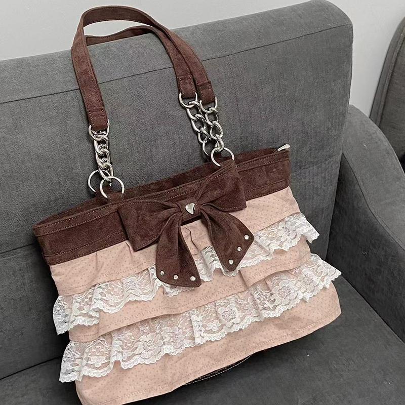 Vintage Lace Bow Tote Bag Women Large Capacity Shoulder Bag With Tiered Lace Trim Chain Design Cute Lightweight Canvas Handbag