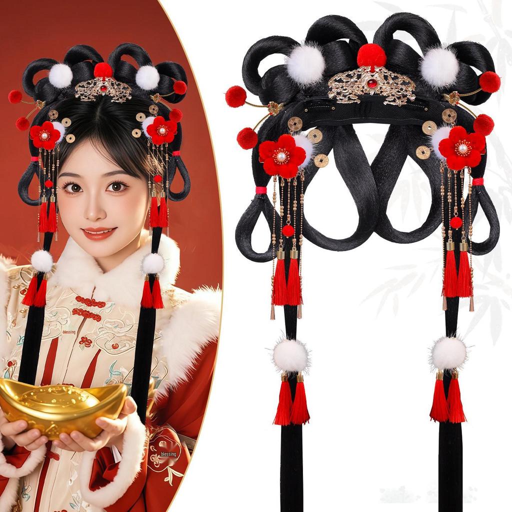 Ancient Hanfu Wig Accessory Set: Sweet Hair Bun with Tassel Flower Headdress for Women