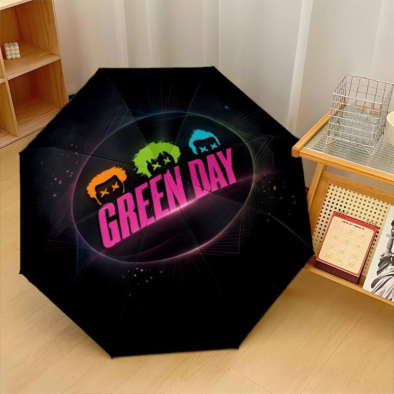 Green Day Print 8?Ribs Automatic Umbrella Wind Resistant Lightweight Folding Umbrella For Outdoor Travel