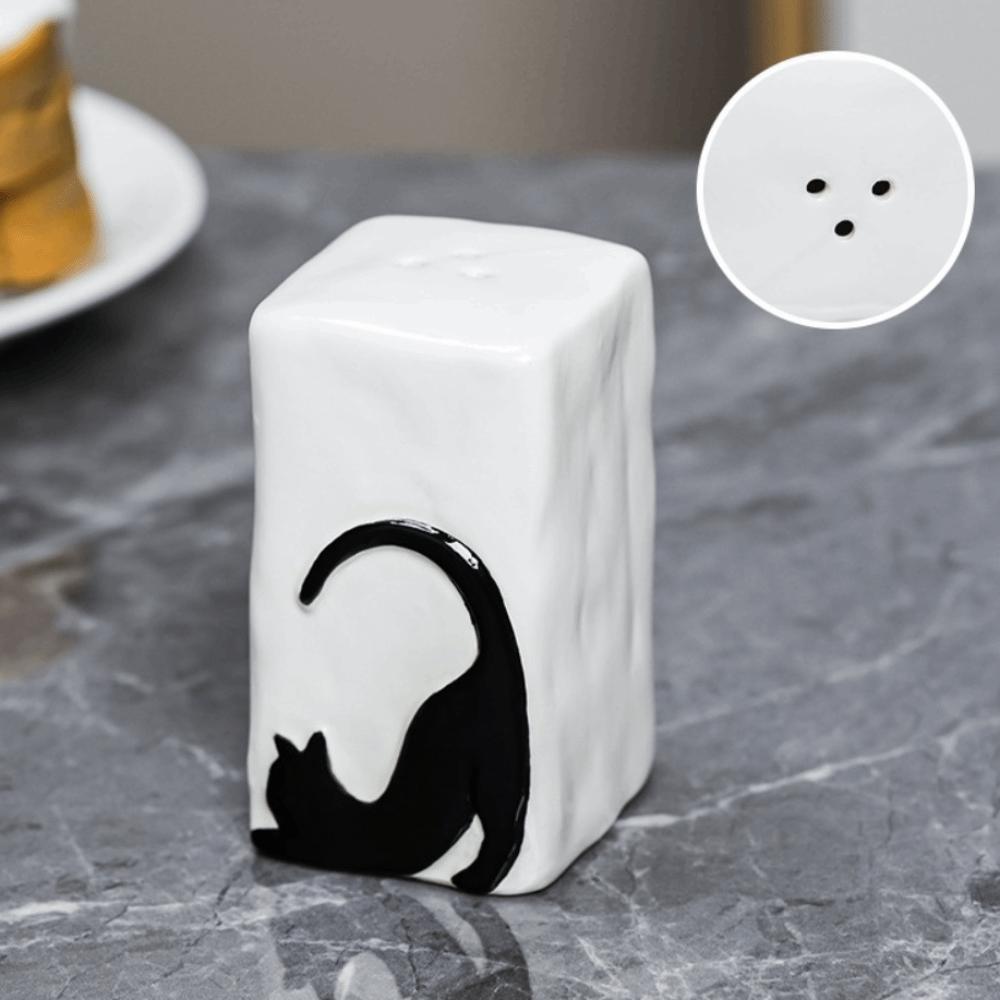 Square Ceramic Salt Jar Cat Pattern Powder Sprinkler Multi-purpose Condiment Jar Home Decor 3 Holes