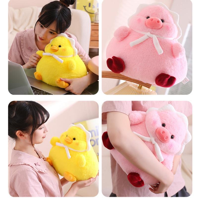 Cute And Fluffy Plush Toy Adorable Fat Duck With Headscarf And Pink Pig Soft And Huggable 30cm