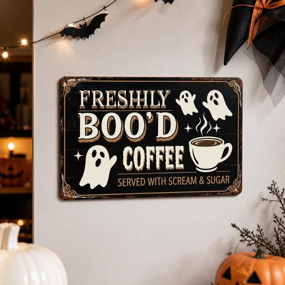 Vintage Style Coffee Bar Wall Art Sign 2D Flat Ghost Themed Hanging Plaque  Halloween Decor