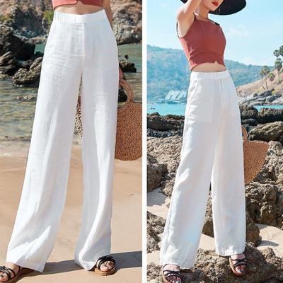 Sommer Damen Hose Baumwolle Leinen Taille Farben Weites Bein Kordelzug Lässig Lose Leinen Lange Hose