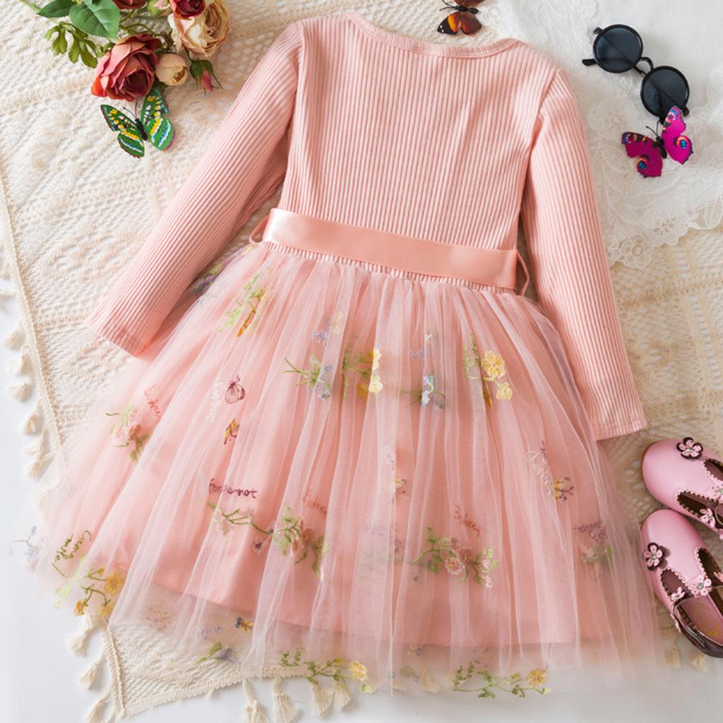 Girls Fashion Cute Long Sleeve Flower Embroidery Mesh Princess Dress Dresses