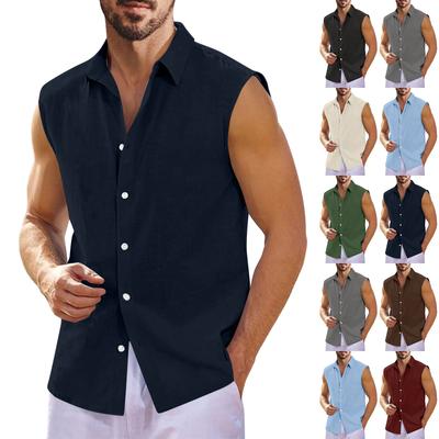 Men's Summer Hawaiian Solid Color Sleeveless Button-Down Shirt