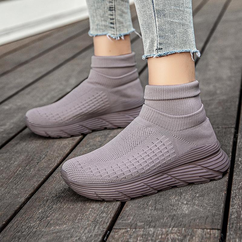 New Fly-woven Socks Shoes Men's Large-size Thick-soled High-top Couple Shoes Breathable and Lightweight Foot-fitting Mesh Sneakers