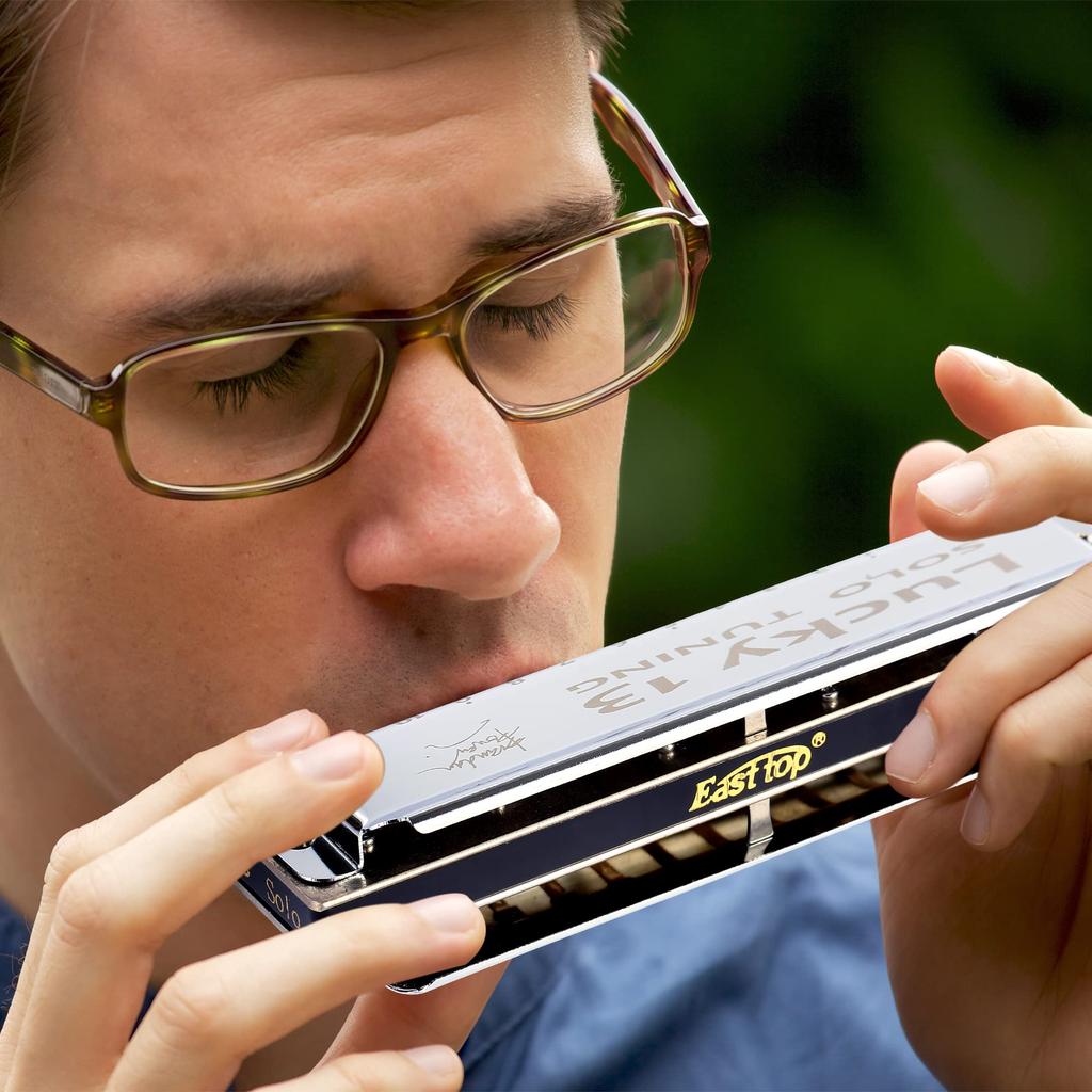East Top Lucky13 (Solo-C) 13-Hole Blues Harmonica in C, for Jazz Professionals, Adults, and Children, Perfect for Study and Practice, with Brass Cover