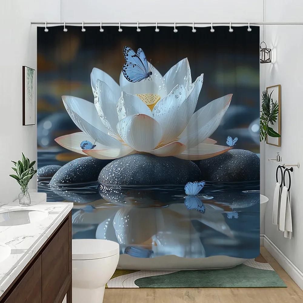 Serenity Lotus Shower Curtain for a Calm Bathroom, Featuring a Stunning White Lotus Flower with Blue Butterflies on Smooth