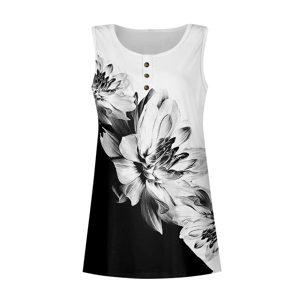 Women Summer Sleeveless Casual Floral Printed O-Neck T-Shirt Tops Blouse
