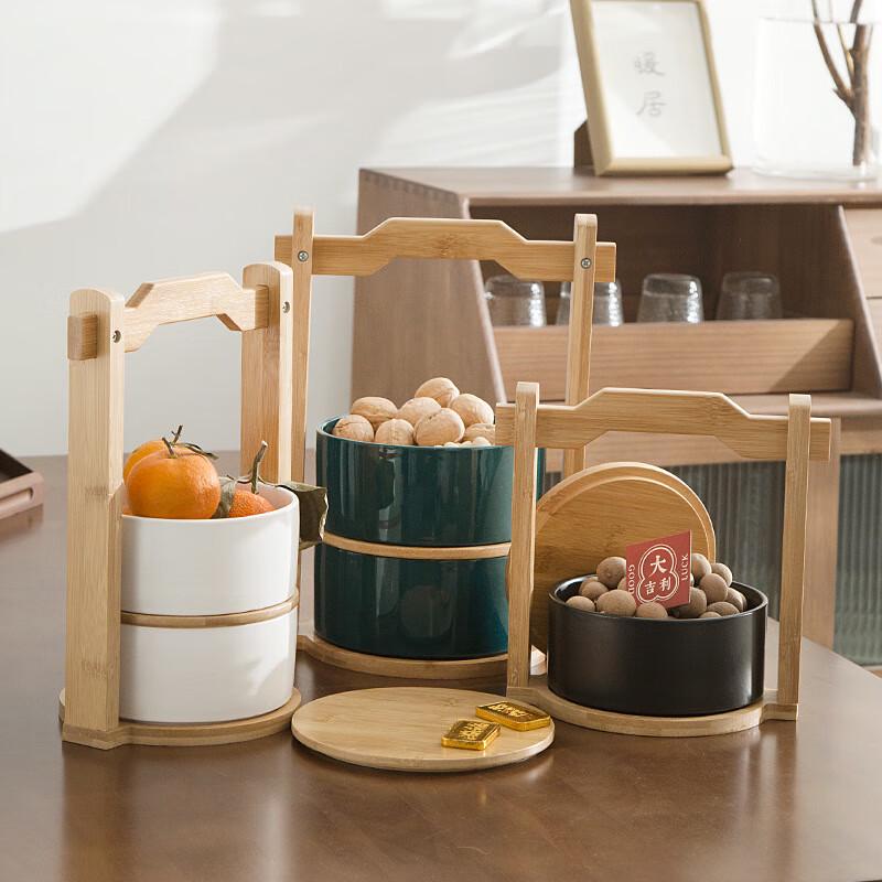 New Chinese Style Ceramic Fruit Basket with Bamboo Handle