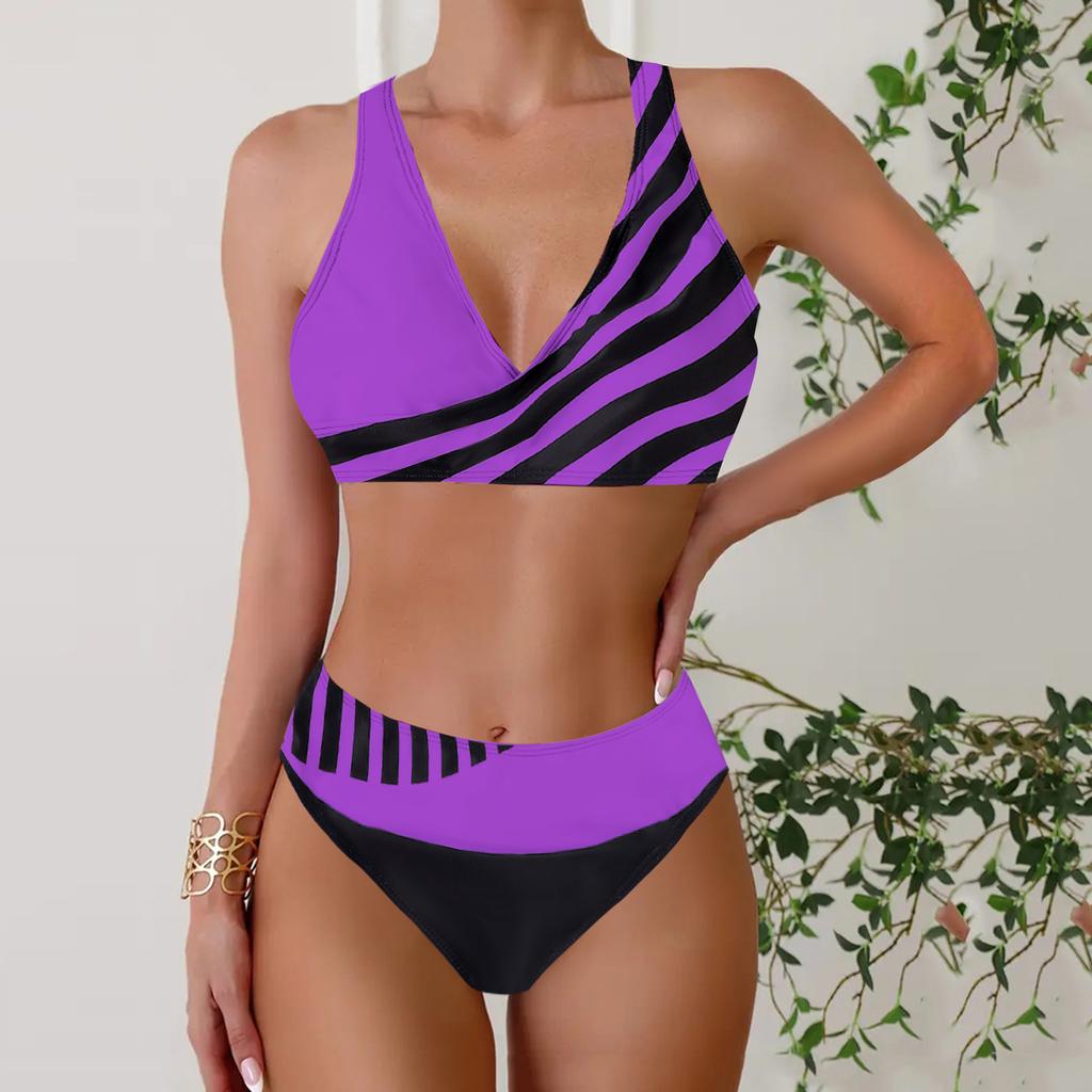 Women's Halter Half Edge Stripe Print Bikini Tankini Swimsuit