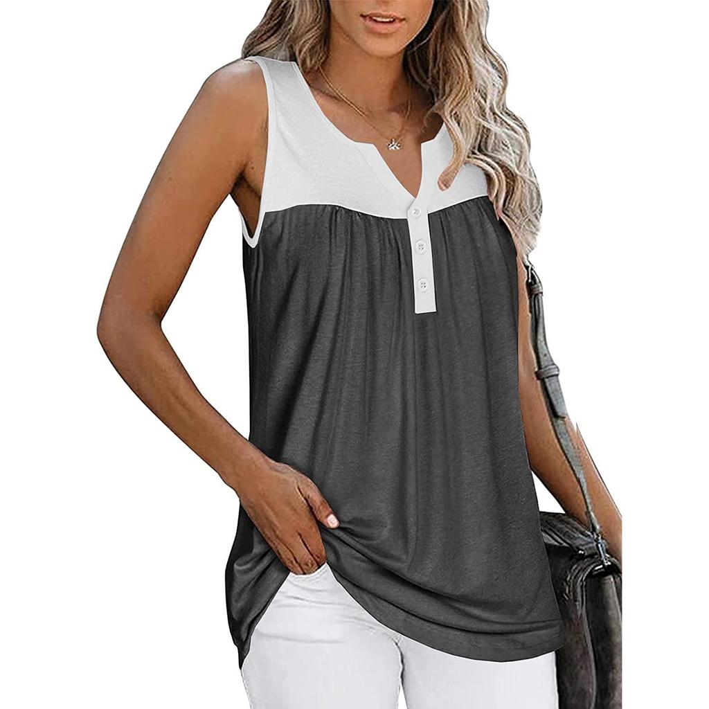 Fashion Womens Summer V-neck Sleeveless Patchwork Tops Ruffle Loose Tunic Blouse