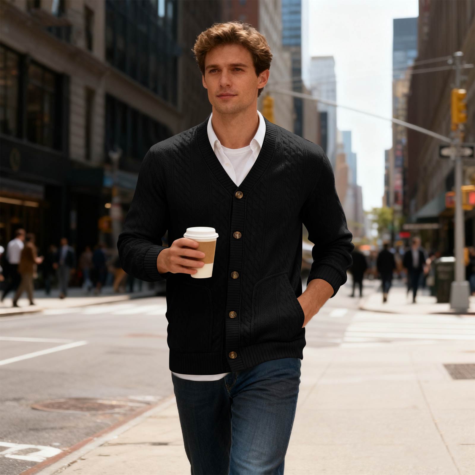 

Men s Cardigan Buttoned Knit Jacket Slim Fit Jacket L чёрный