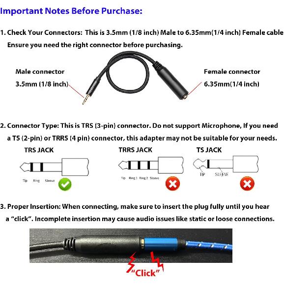 1/4 to 3.5mm Headphone Cable Adapter,TRS 6.35mm Female to 3.5mm Male 1/8 to 1/4 Stereo Audio Adapter,for Headphone, Amplifiers, Guitar, Amp etc.