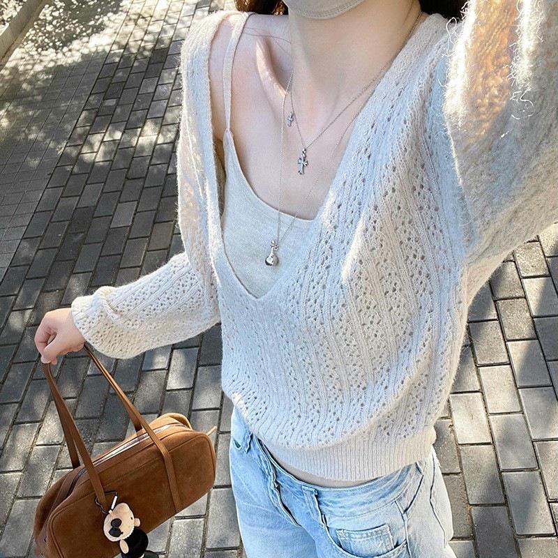 Women's Spring V-Neck Mohair Knit Top & Camisole Set - Casual Hollow Design, Long Hair Texture, Perfect for Autumn