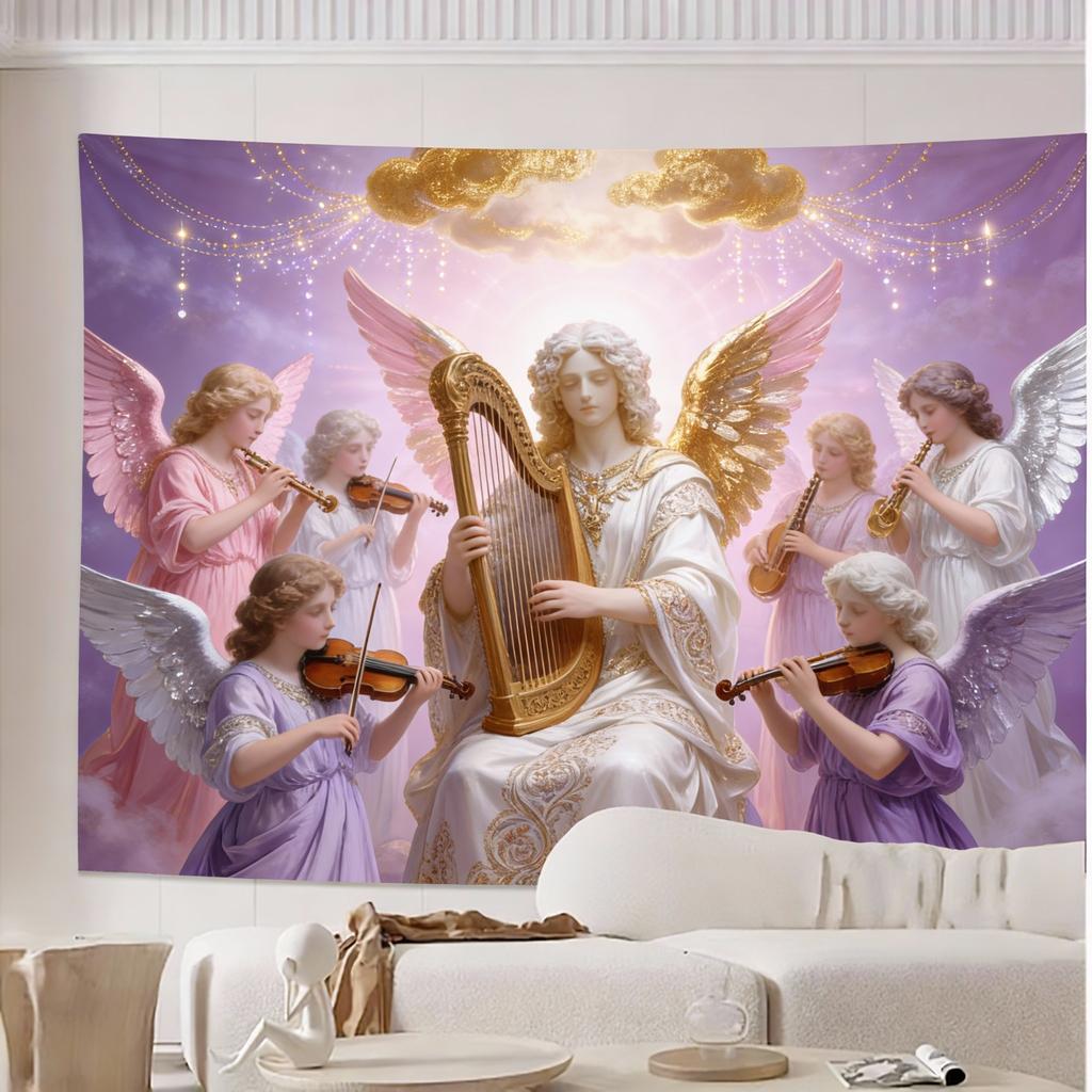 Luxurious Saint Michael Angel Golden  White Tapestry  Intricate Heavenly Design with Radiant Stars HighQuality Polyester Fab