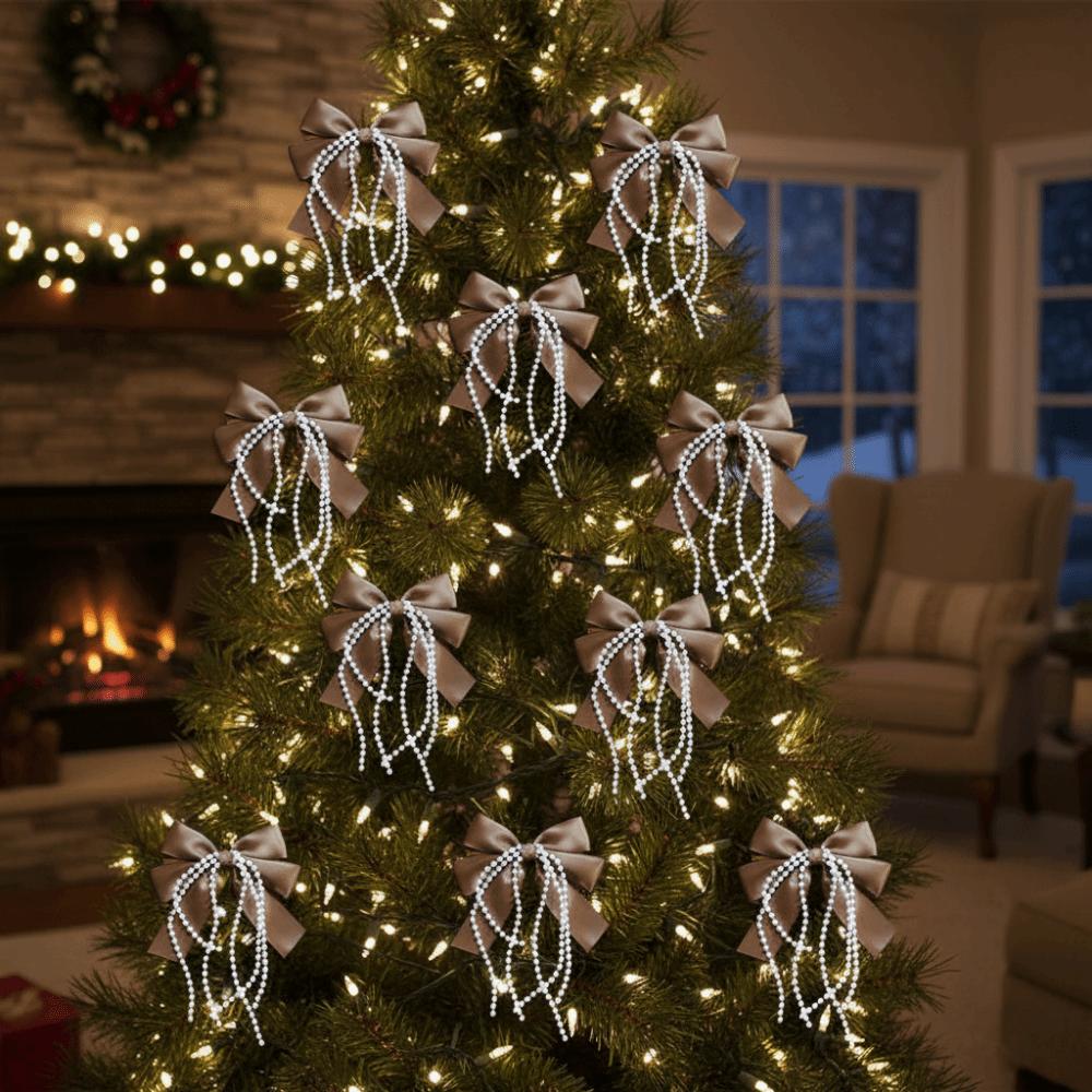 12Pcs/Set Creative Bowknot Pearl Hanging Pendant Ribbon Christmas Tree Topper Holiday Accessories