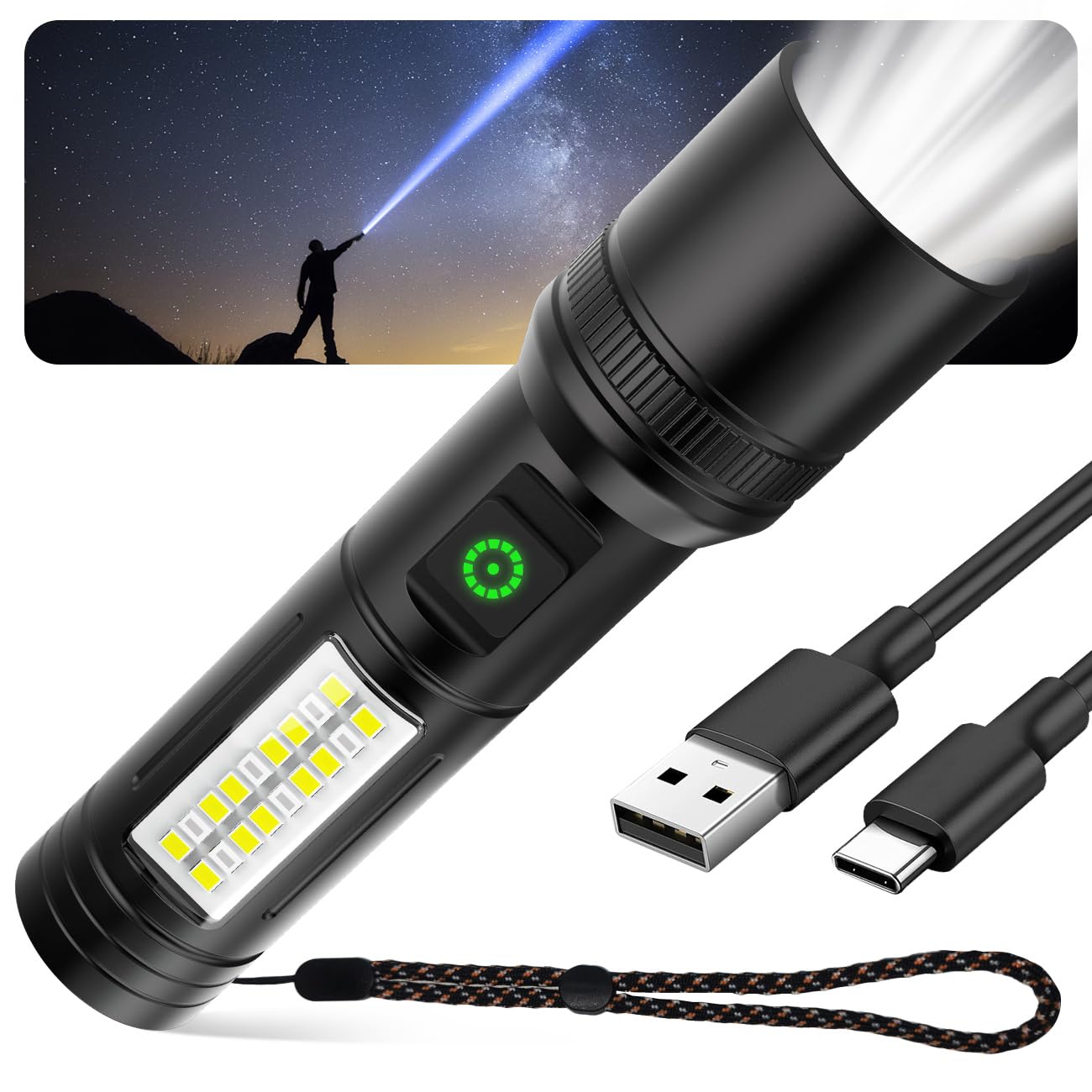 

Powerful Flashlight New 6 Lighting Handheld Flashlight IPX6 COB Work Premium Alloy 3M Impact LED Ideal for Disaster Night Outdoor Emergency Power and чёрный