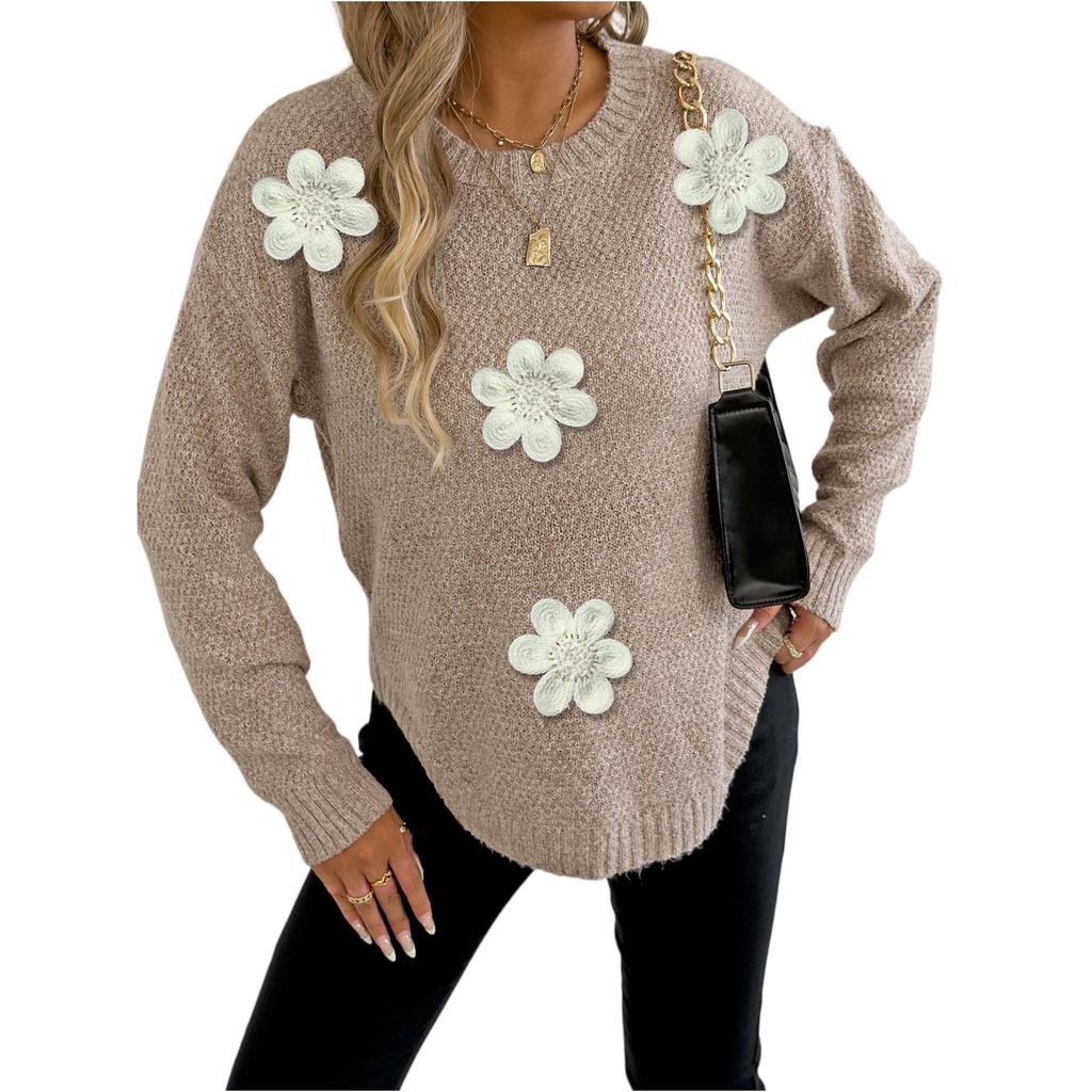 Tricou de damă cu imprimeu floral vintage, gât rotund, larg, mâneci lungi, lungime medie, cu orificii pentru degetul mare