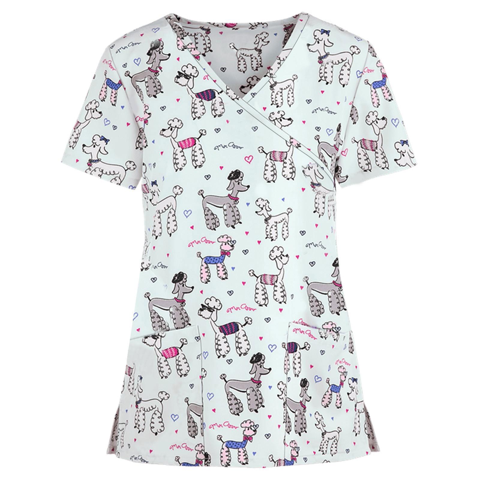 

Women Short Sleeve V Neck Cartoon Pattern Tops Working Uniform T-shirts XXXXXL білий