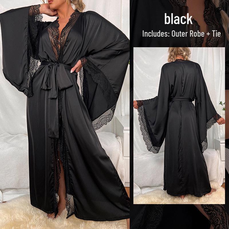 

Роскошная женская длинная атласная ночная сорочка с кружевом - Охлаждающий халат с длинным рукавом L чёрный