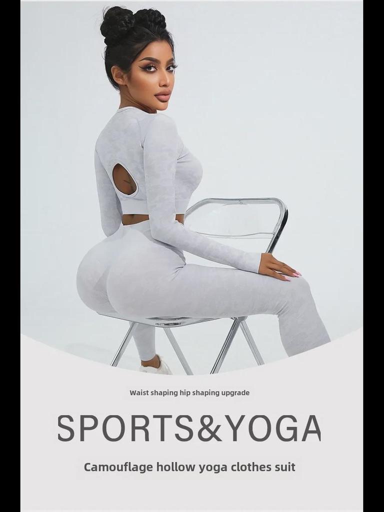 Dámská maskáčová jógová souprava s vysokým pasem - Dlouhý rukáv a kalhoty na podzim/zimu