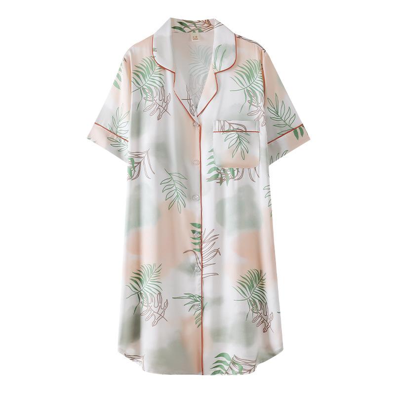 Pajamas Women's Summer Ice Silk Short Sleeve Pajamas Mom 1011 New Summer Thin Simulation Silk High-end Dress